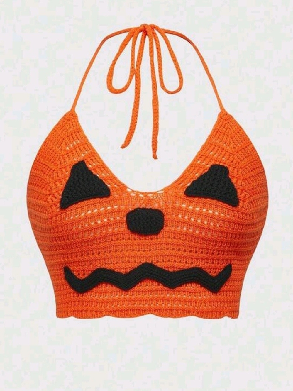 ROMWE Orange Crochet Pumpkin Halter Crop Top with Black Jack-O'-Lantern Face